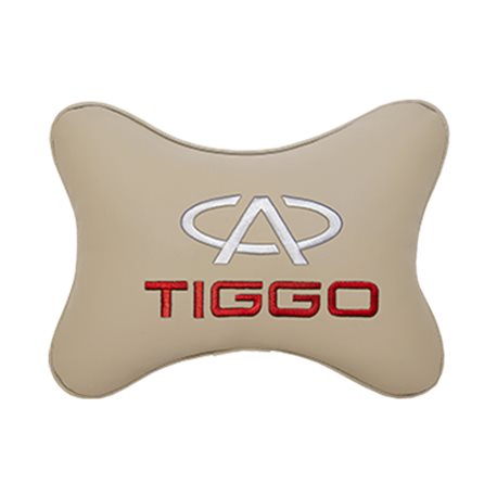 Подушка на подголовник экокожа Beige с логотипом автомобиля CHERY Tiggo