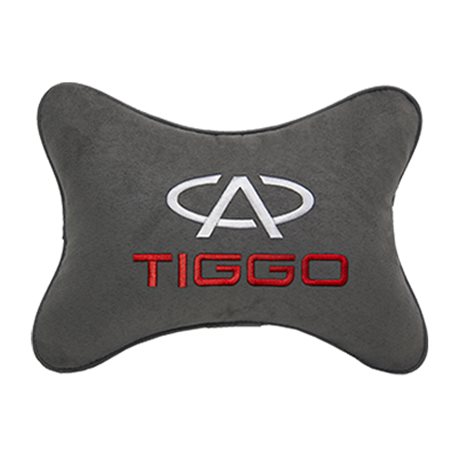 Подушка на подголовник алькантара D.Grey с логотипом автомобиля CHERY Tiggo