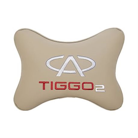 Подушка на подголовник экокожа Beige с логотипом автомобиля CHERY Tiggo 2