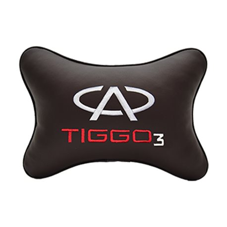 Подушка на подголовник экокожа Coffee с логотипом автомобиля CHERY Tiggo 3