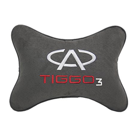 Подушка на подголовник алькантара D.Grey с логотипом автомобиля CHERY Tiggo 3