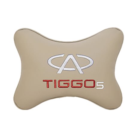 Подушка на подголовник экокожа Beige с логотипом автомобиля CHERY Tiggo 5