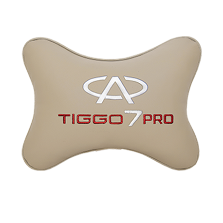 Подушка на подголовник экокожа Beige с логотипом автомобиля CHERY Tiggo 7 PRO