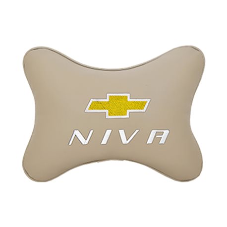 Подушка на подголовник экокожа Beige c логотипом автомобиля CHEVROLET Niva