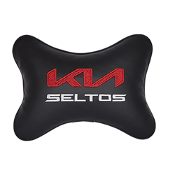 Подушка на подголовник экокожа Black с логотипом автомобиля KIA Seltos