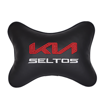 Подушка на подголовник экокожа Black с логотипом автомобиля KIA Seltos