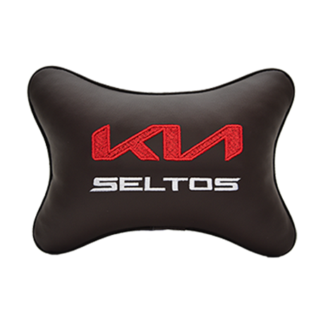 Подушка на подголовник экокожа Coffee с логотипом автомобиля KIA Seltos