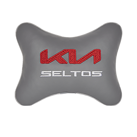 Подушка на подголовник экокожа L.Grey с логотипом автомобиля KIA Seltos