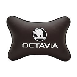 Подушка на подголовник экокожа Coffee c логотипом автомобиля SKODA Octavia
